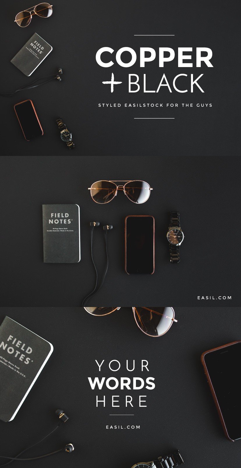Styled Stock Photography EasilStock Copper and Black Flatlay on Black
