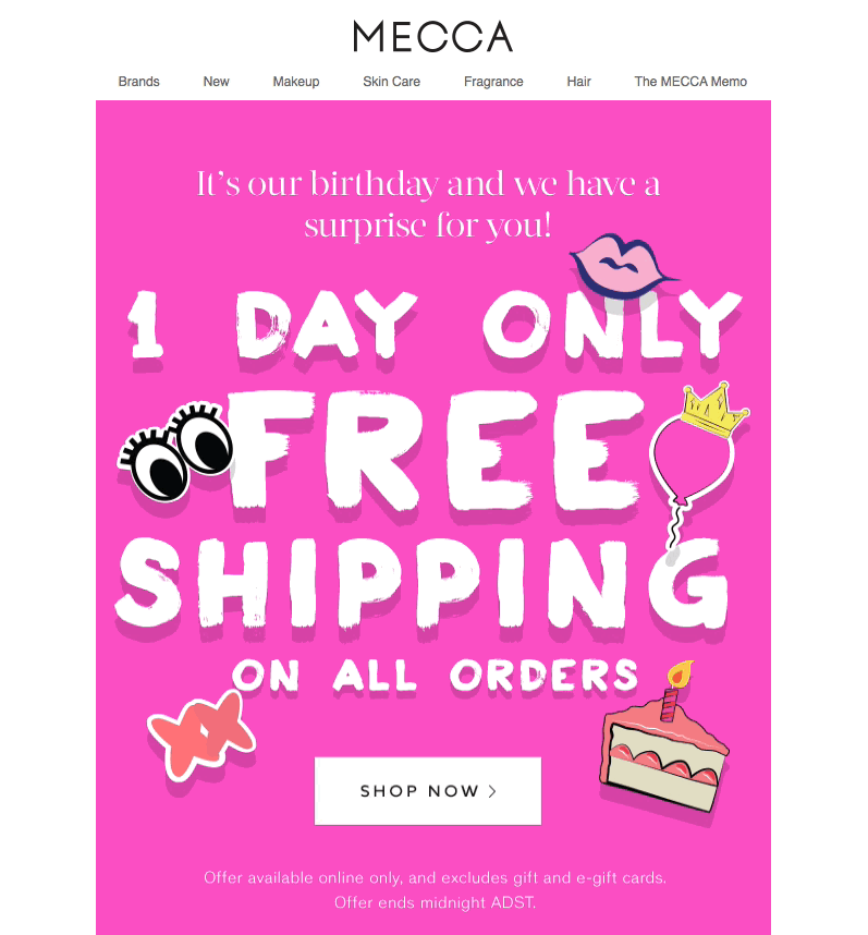 Mecca Free Shipping Animated GIF using subtle animated icons - 6 Inspiring Animated Newsletter GIFs to Boost Your Email Marketing