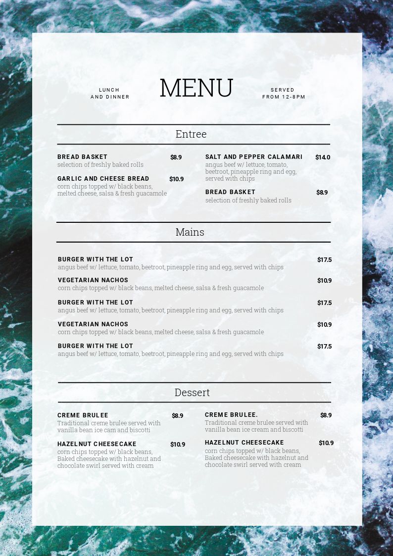 Water border design on Menu Template in Easil - 1 Menu Template, 10 Ways - Hack Your Visual Design Series